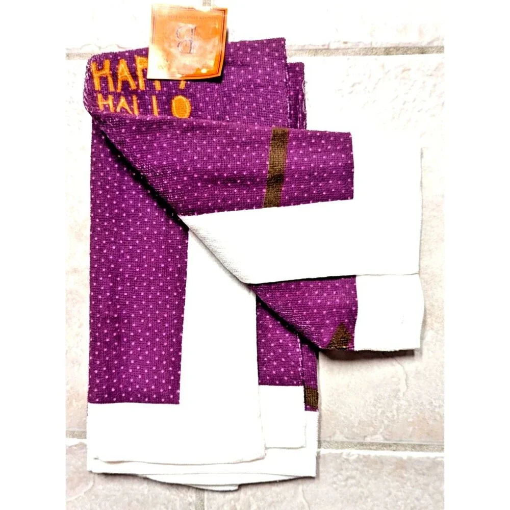 Happy Halloween Owl on Branch Kitchen Towels 2-pc Black Hat Purple Gray Bird